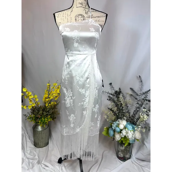 Lulu's On the Dance floor White Jacquard Fringe One-Shoulder Midi Dress XS - Image 2