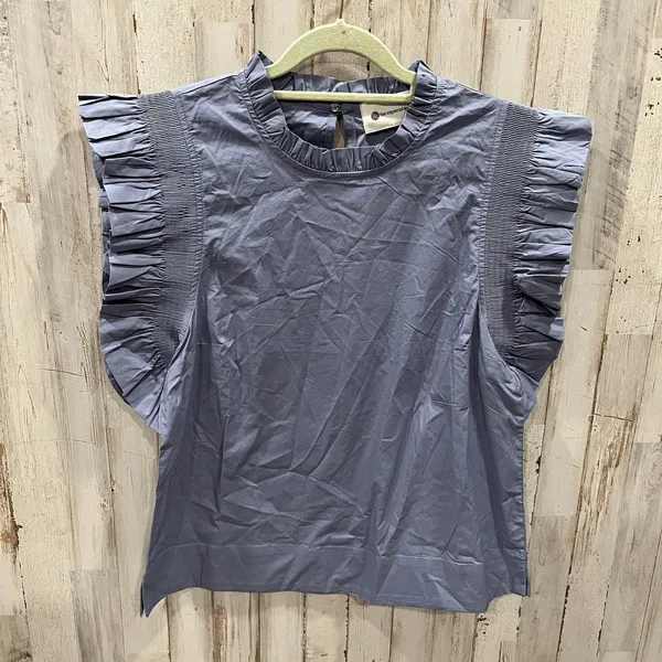The Impeccable Pig Blue 100% Cotton Ruffle Sleeve Preppy Blouse Womens Medium - Image 2