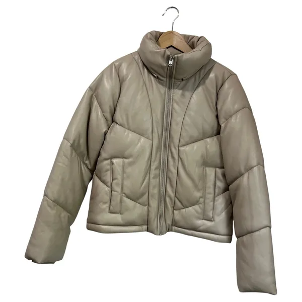 Abercrombie Vegan Leather Puffer Jacket Size M‎ Neutral Beige Cropped Winter - Image 2