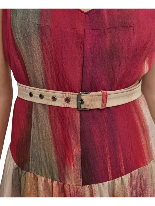 NWT DKNY Abstract Midi V-Neck Belted Dress P5EBTBEK Brush Stroke Brown Multi 6 - Image 3