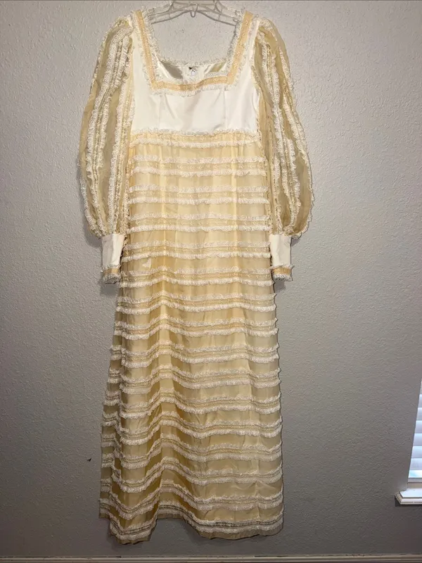 vintage 70s pale yellow maxi dress sheer ruffled tiers and long puff sleeves - Image 2