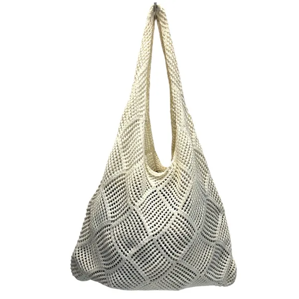 Crochet Mesh Hobo Tote Bag Ivory Cream Knit Beach Bag Boho Summer Shoulder NEW - Image 7