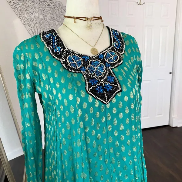 Source Unknown Turquoise and Gold Embroidered Blue Beaded Indian Silk Kameez Dress XS / 34 - Image 3