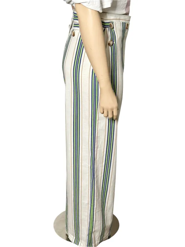SÉZANE Clayton Linen Cotton Pants, Beige Blue Green Stripes, FR44/US12 - Image 7