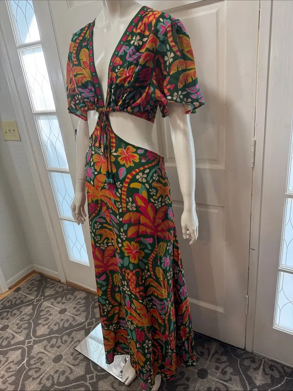 Farm Rio Tropical Cutout Maxi Dress in Green with Pink Orange Floral Print S XL - Image 8
