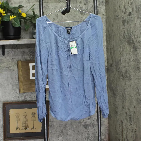 NWT Stoosh Juniors Long-Sleeve Lace-Inset Peasant Blouse Top Blue L - Image 2