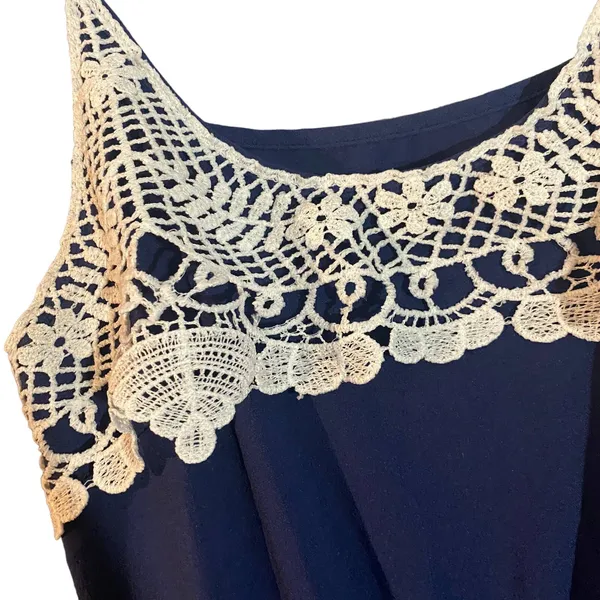 Navy Blue & Lace Embroidered Applique Sleeveless Fit & Flare Dress Women Sz S - Image 7