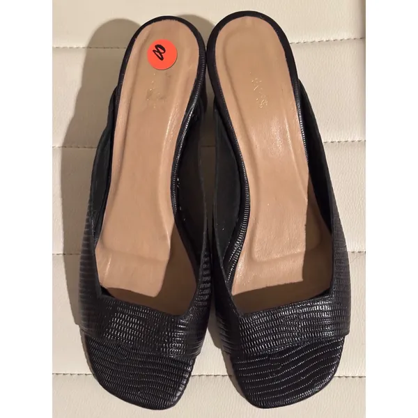 KAANAS Black Lizard Embossed Leather Block Heel Mules Square Toe Sandals Size 8 - Image 2
