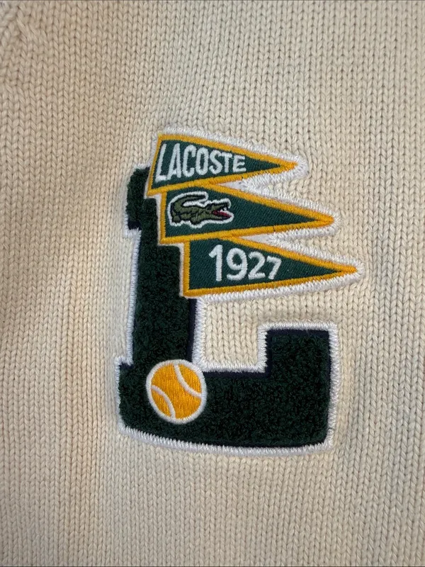 Lacoste Cream V-Neck Cardigan with Athletic Patch size medium - Image 2