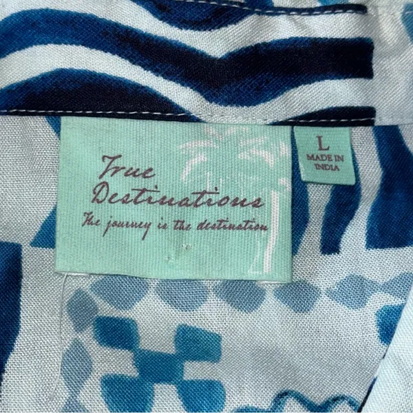 True Destinations L Blue White Nautical Hawaiian Long Sleeve Button Down Shirt - Image 4