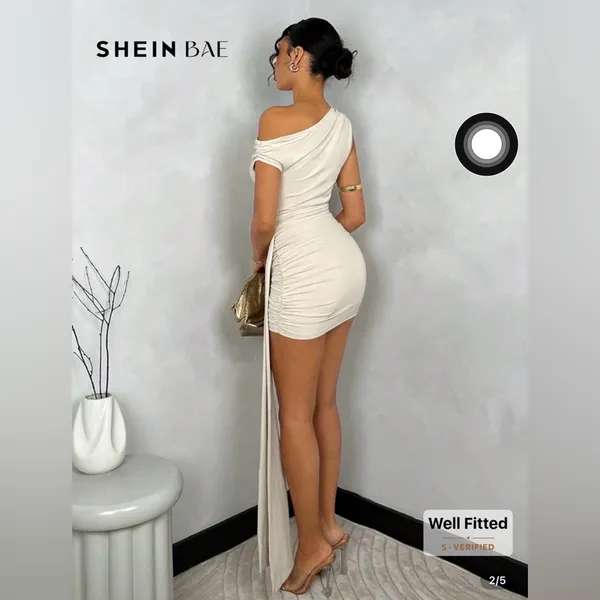 Elegant One-Shoulder Cream Dress - Image 2