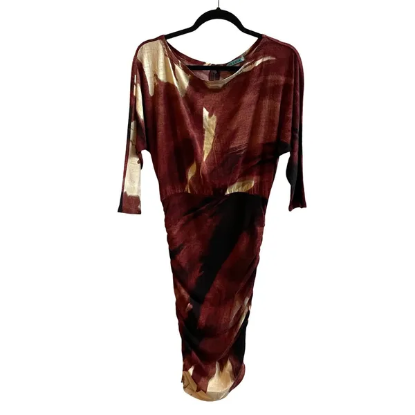 Alice + Olivia Dress Wmn M Burgundy Abstract Ruched Dolman Midi Artistic Modern - Image 3
