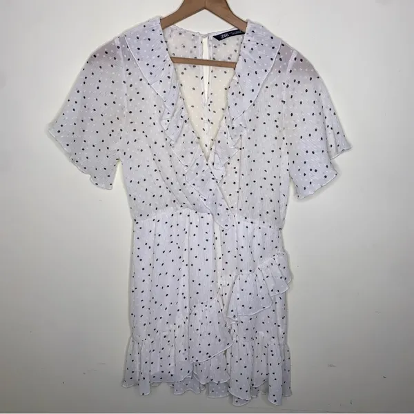 Zara White Black Polka Dot Ruffle Wrap Romper Size M - Image 2