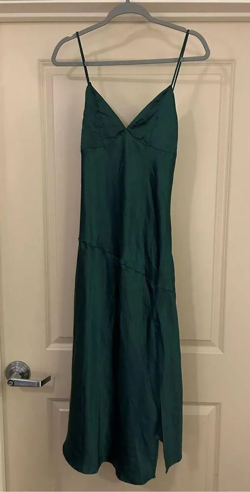 NEW Green Satin Slip Spaghetti Strap Backless Midi Dress Slit M - Image 3