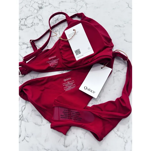 NWT Quince Cherry Red Italian V Neck Bikini Top & Low Rise Bottom Set Size XS - Image 3