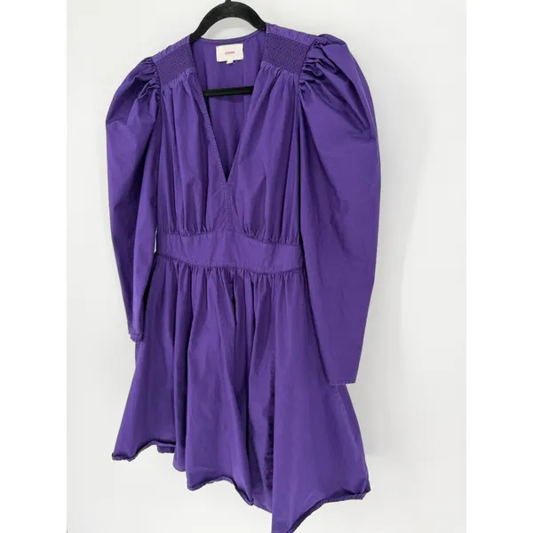 Xirena Ophelia Dress Puff Sleeve Cotton Mini M Purple V-Neck Smocked Boho Poplin - Image 4