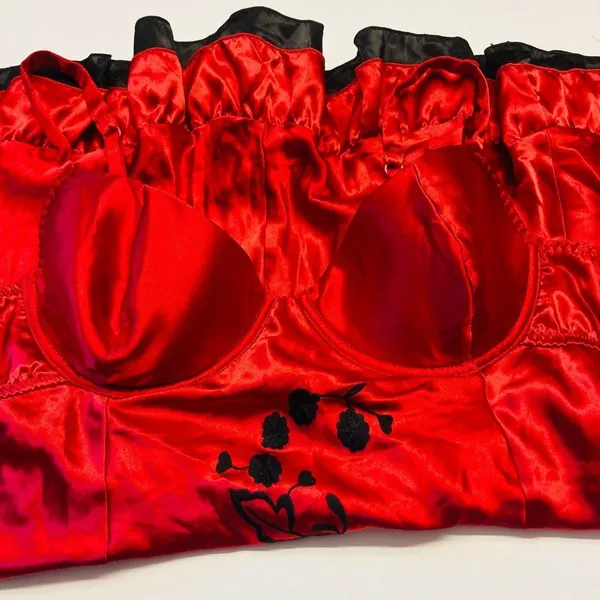 Fredericks of Hollywood Chemise Women 38 Red Satin Floral‎ Embroidered Slip - Image 6