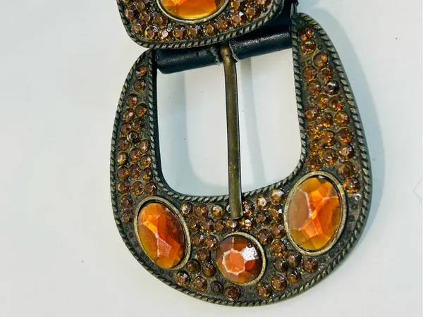 Western Rhinestone Whipstitch Belt with Orange Stones and Black Faux Leather - Image 6