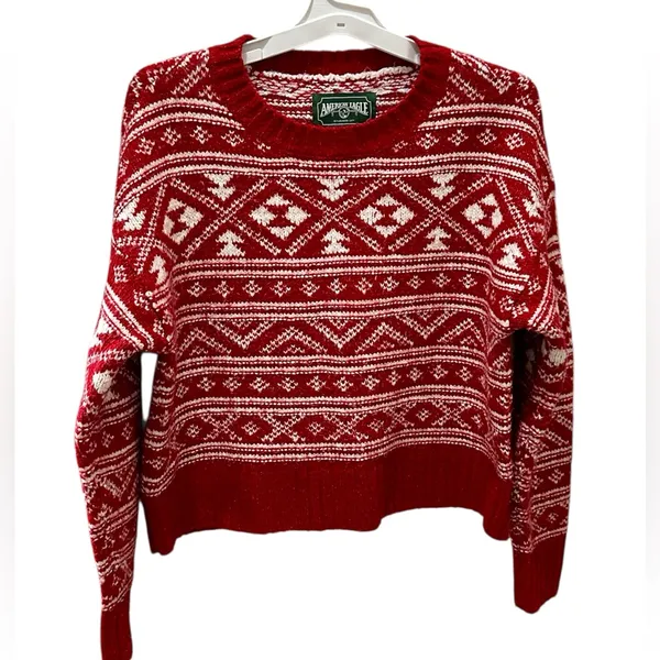 American Eagle Nordic Fair Isle Cozy Casual Sweater Size Small red white - Image 2