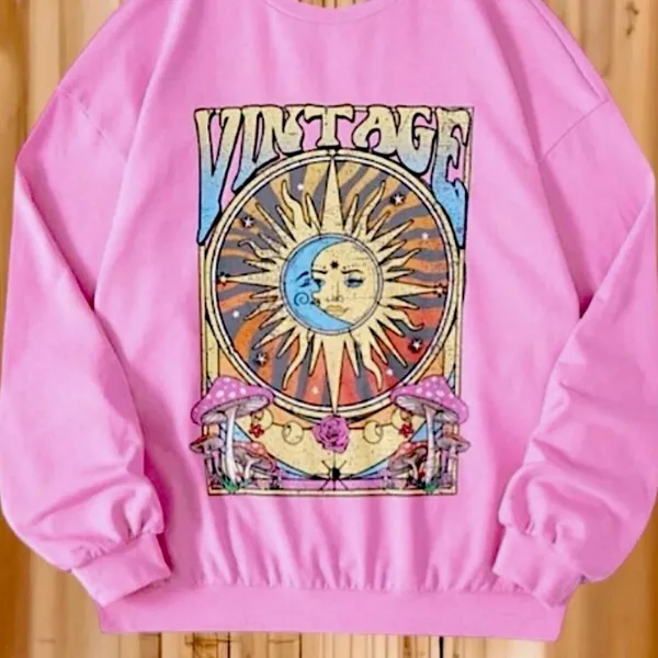 Pink Colorful Boho Retro Chic Celestial Sun Moon Mushroom Graphic Sweatshirt - Image 4