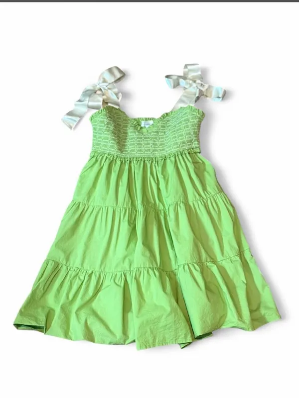 LOVELO Lime Green Smocked Tiered Cotton Dress Adjustable Ribbon Tie Straps M - Image 6