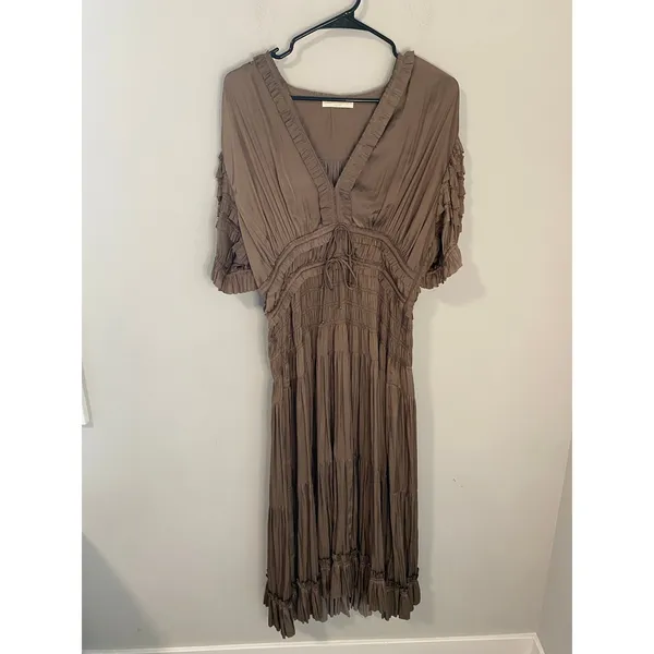 Ulla Johnson Taupe Ruched Ruffle Midi Dress Boho Size 8 - Image 2