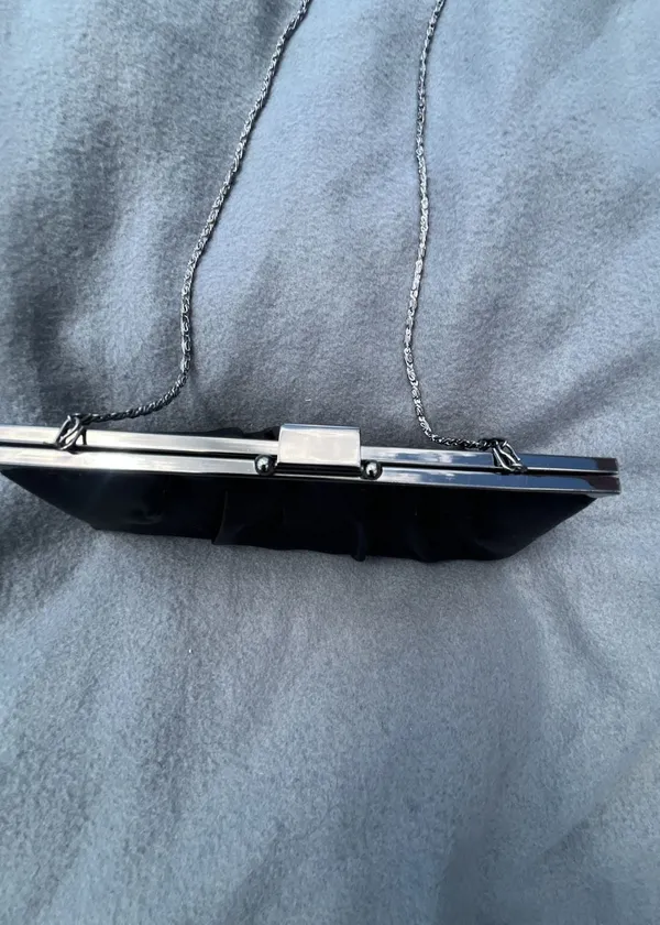 Black Satin Evening Clutch With Silver Chain Strap and Kiss Lock Frame - Image 4