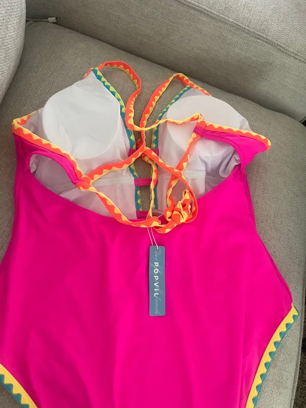 Popvil Women OnePiece Swimsuit Deep V Neck Neon Cute Bathing Suit Back Tie Swim Suits - Image 10