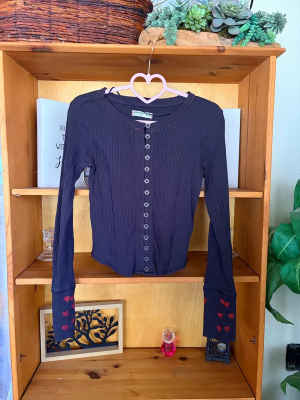 Free People Daria Cuff Cardi Top In Charcoal Black Grunge New Size S - Image 3