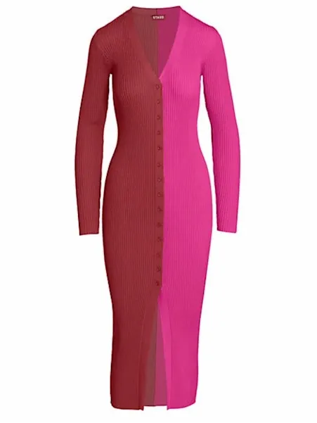 STAUD Shoko Colorblock Ribbed Knit Sweater Dress Fuchsia Bordeaux Midi Size S - Image 2