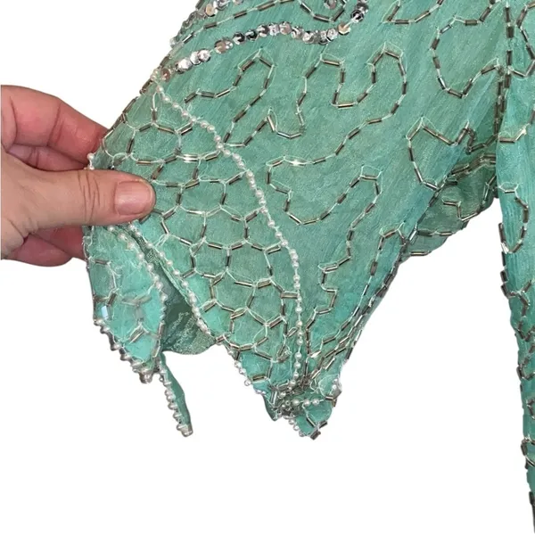 Handmade Vintage 90s Beaded Sequin Seagreen Fairycore Asymmetrical Hem Formal blouse - Image 8