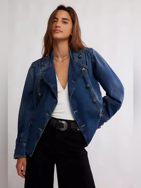 Free People Imogene Denim Officer Jacket in Ensign Wash L - Image 10