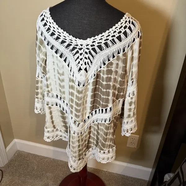 Umgee Beige Tie Dye Crochet Tunic Top Boho Hippie Festival 1X - Image 2