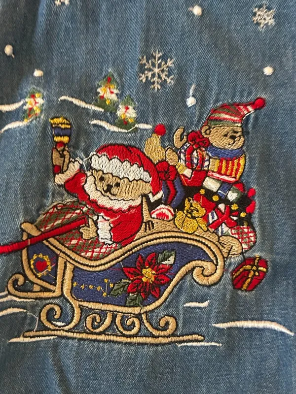 Y2K Bobbie Brooks Santa Reindeer Embroidered Denim Button-Down Shirt Size Large - Image 5