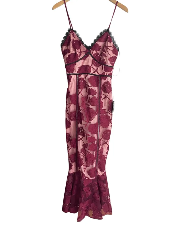 Lulus Alluring Dream Burgundy Floral Mesh Lace Trumpet Midi Dress - Image 4