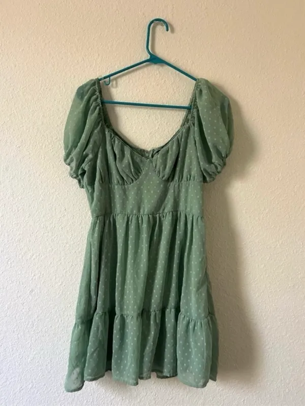 Trixxi Sage Green Puff Sleeve Swiss Dot Mini Dress M Cottagecore Summer - Image 10