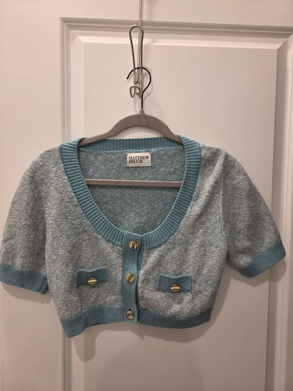 MATTHEW BRUCH Tweed Knit Cropped Cardigan in Seafoam / Light Blue - Size 2 / M - Image 2