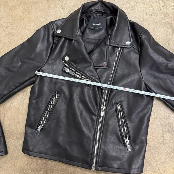 Stradivarius Genuine Leather Moto Biker Jacket Black Size S - Image 6