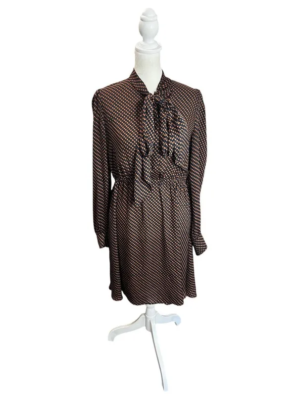 Tara Jarmon Brown Black Polka Dot Bow Tie Long Sleeve Fit Flare Mini Dress 6 - Image 2