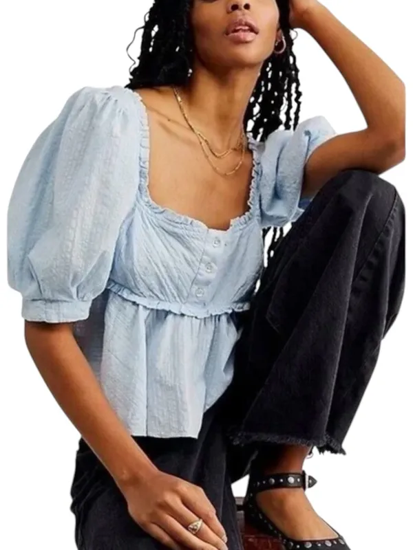 Free People Leave It To Me Baby Blue Puff Sleeve Square Neck Babydoll Top SMALL - Image 2