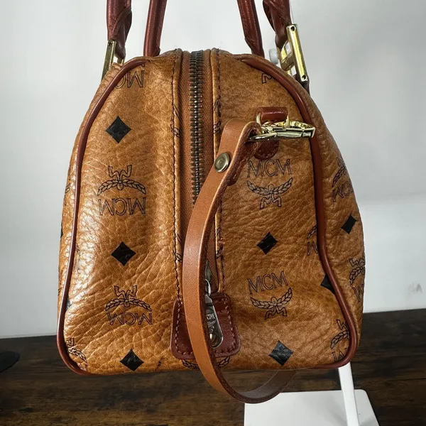 MCM Vintage Satchel Bag Womens Medium Brown Logo PVC Leather Germany Top Handle - Image 11