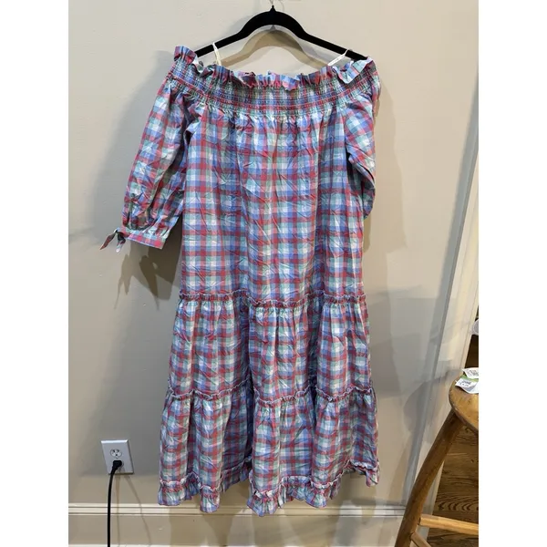 KATE SPADE Plaid Madras Off Shoulder Dress Size Medium Ruffle Tiered Picnic - Image 4