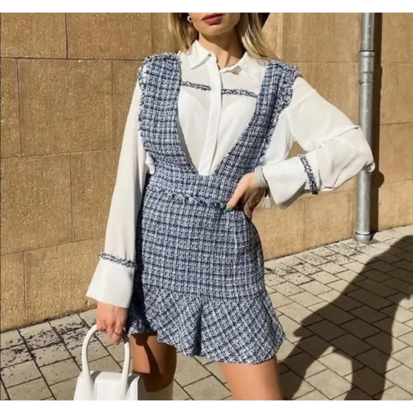 Zara‎ Blue White Tweed Pinafore Dress Ruffle Hem Mini Jumper Womens Medium M - Image 3