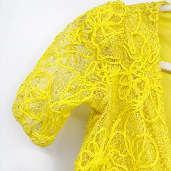 Zara Womens Blogger Fave Yellow Floral Lace‎ Ruched V-Neck Bodycon Midi Dress S - Image 7