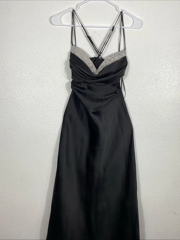 Hello Molly Black Satin Spaghetti-Strap Cutout Maxi Dress with Silver Trim SZ 4 - Image 7