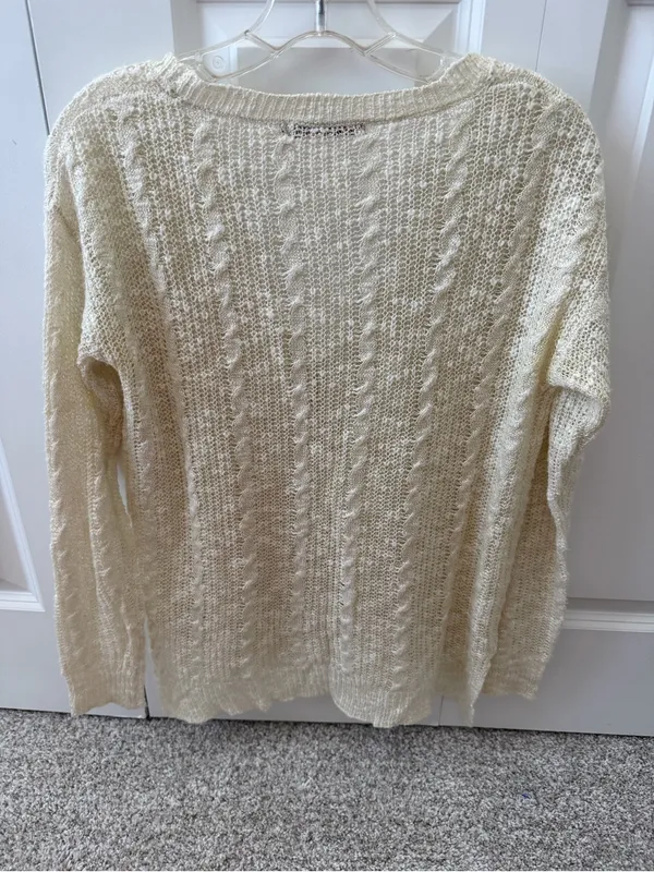 Belldini Open Knit Cable Cardigan Sweater V-Neck Gold Button Cream Ivory - Image 5