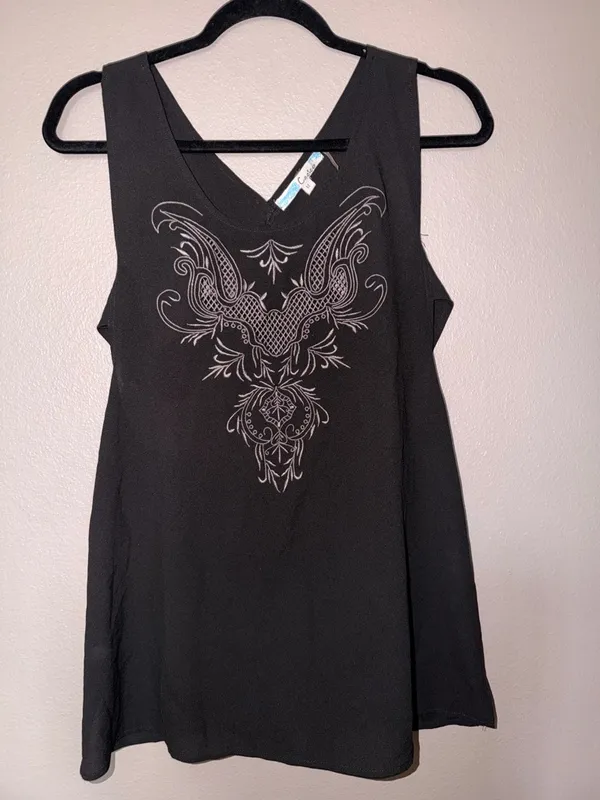 Cecico Black V-Neck Sleeveless Embroidered Tunic Top - Image 2
