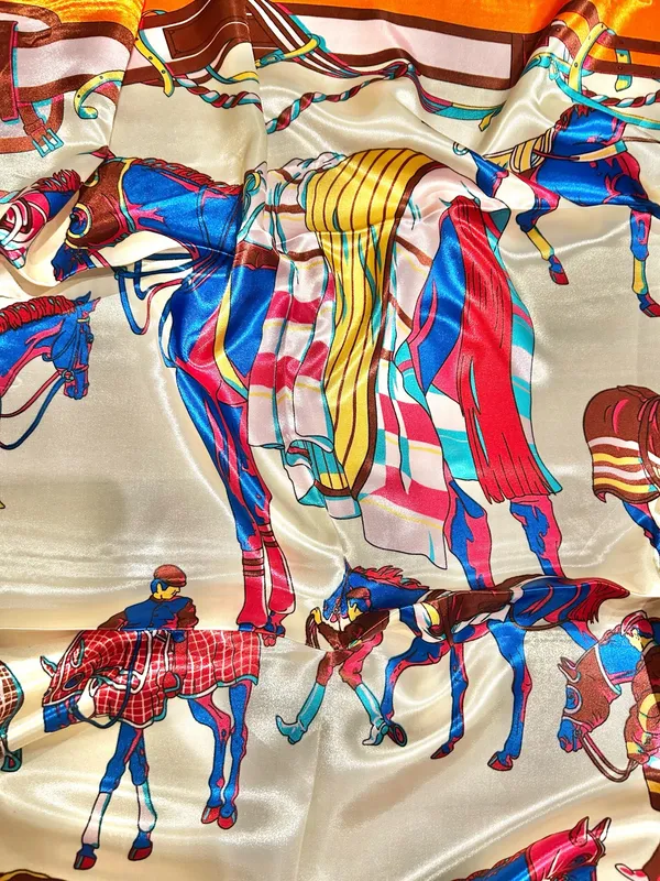 Vintage classic EQUESTRIAN horses PRINT ORANGE/ off white SQUAR SILK SCARF 35/35 - Image 19