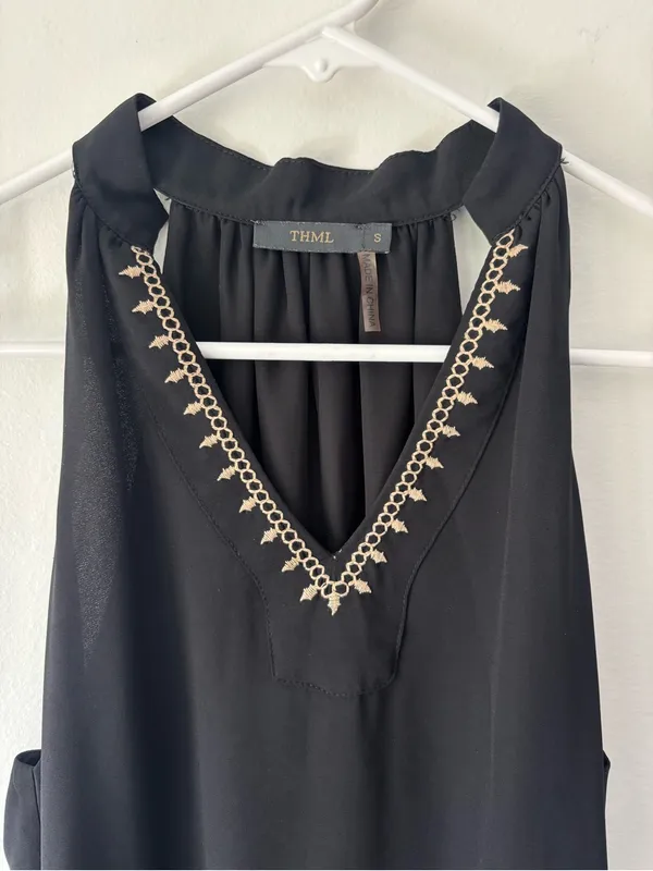 THML Black Mini Shift Sleepless Dress Embroidered Stripes Boho Print - Image 4