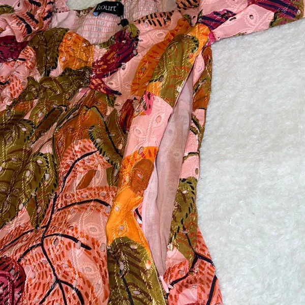 Kourt Tropical Leaf Puff‎ Sleeve Mini Dress Pink Orange Multicolor Size S NWT - Image 11